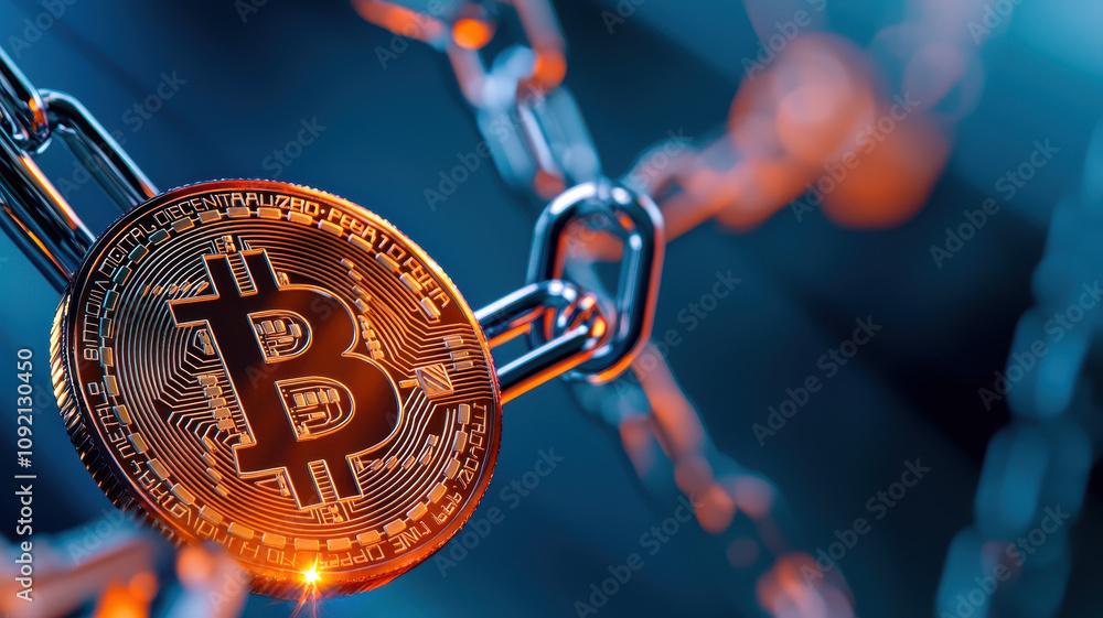 Poster glowing bitcoin symbol is intricately connected within chain, symbolizing secure and decentralized n