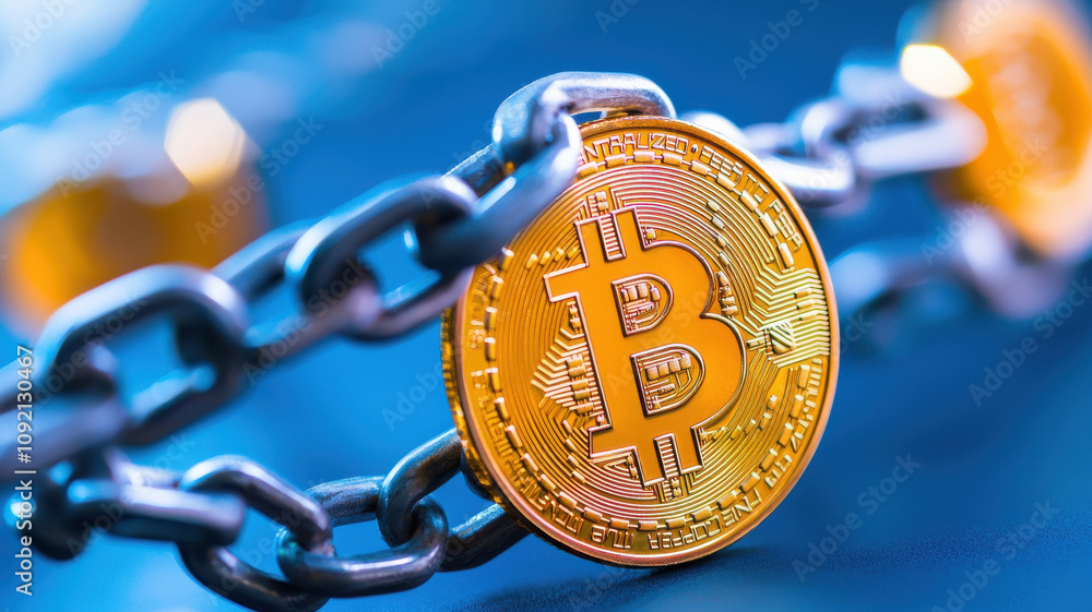 Poster golden cryptocurrency coin with blockchain chain symbolizes digital currency security and innovation