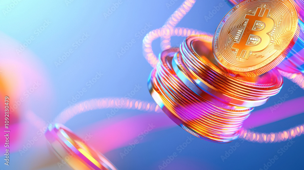 Poster stack of glowing bitcoin coins with vibrant colors and digital effects, symbolizing cryptocurrency a
