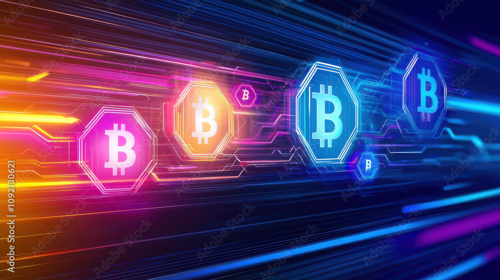 Poster futuristic blockchain technology design with glowing bitcoin symbols and vibrant colors, representin