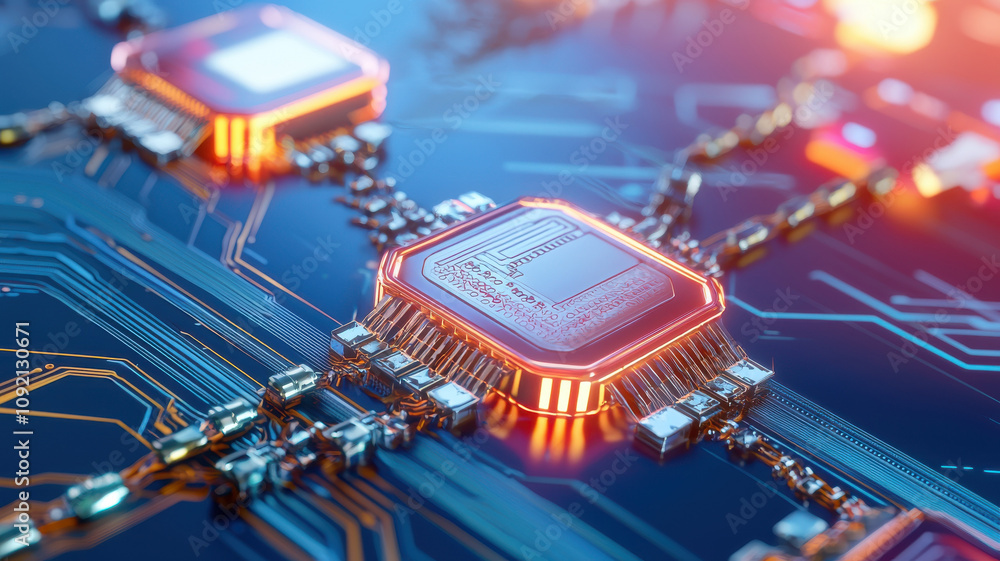 Poster futuristic glowing microchips on circuit board symbolize advanced technology and innovation in digit