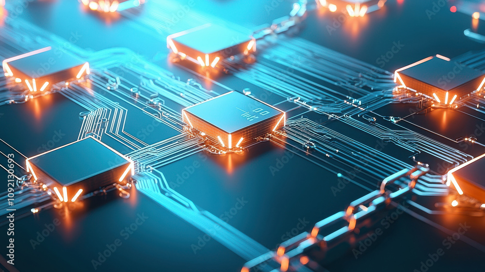 Poster futuristic circuit board with glowing microchips and intricate pathways, showcasing advanced technol
