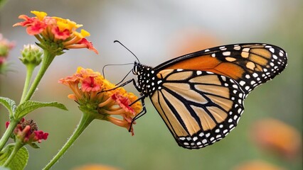 A beautiful monarch butterfly sipping nectar from a colorful flower with tiny water drops on its wings, flower photography, nature photography, close-up