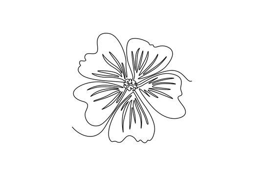 Continuous one line drawing beauty fresh purple mallow for garden logo. Printable decorative malva sylvestris flower for home decor wall art poster. Single line draw design vector graphic illustration