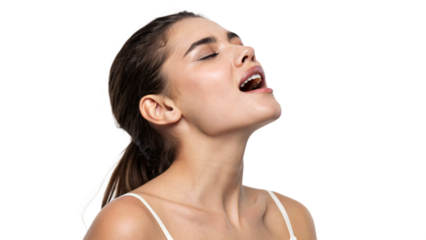 Portrait of a woman, a captivating gaze, and an orgasm expression