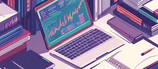 Laptop displaying stock market data surrounded by books and notebooks.