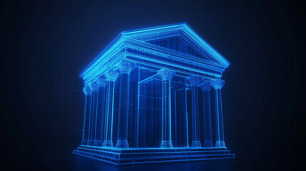 Blue neon glowing outline of a bank building on a dark abstract background, concept of finance and technology. 3D Rendering