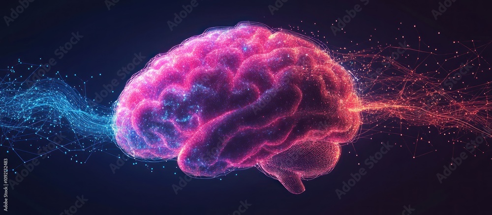 Aufkleber a glowing pink human brain with lines emanating from it, representing neural networks or connectivit