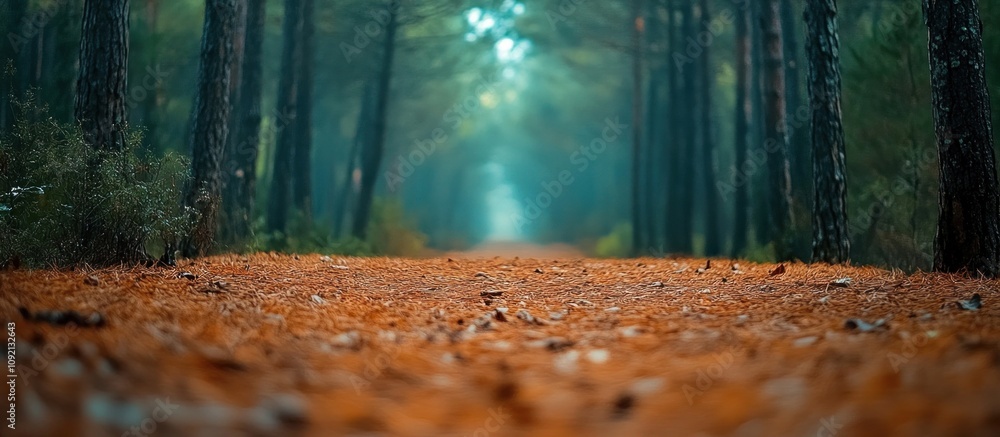 Poster a forest path lined with tall trees disappearing into the mist, with a focus on the fallen pine need