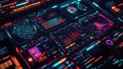 Obraz premium Cyberpunk HUD: Futuristic Interface Designs Showcase Neon Displays & Data Streams