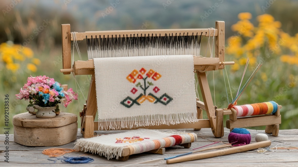 Poster handmade weaving setup with colorful threads and floral decoration in a serene landscape showcasing 