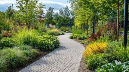 Obraz premium A modern botanical garden with perfectly aligned brick walkways and exotic plant displays 