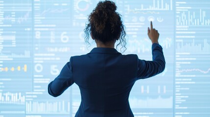 Businesswoman dashboard concept. Businesswoman Pointing at Digital Metrics Display