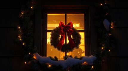 A glowing holiday window surrounded by snowy evergreen branches and a red velvet ribbon garland.