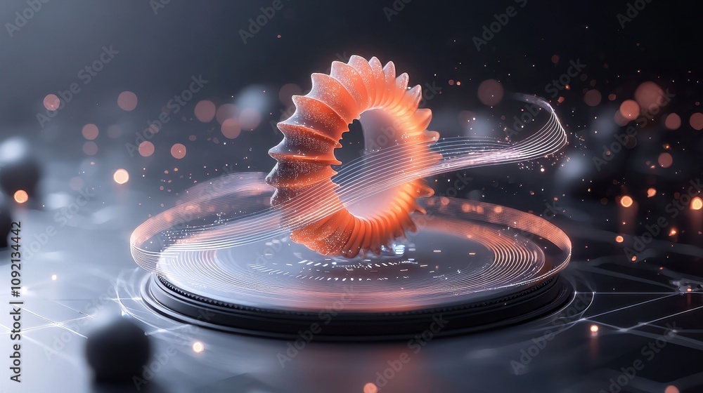Poster vibrant abstract rendering of a futuristic gear surrounded by dynamic glowing lines and particles on