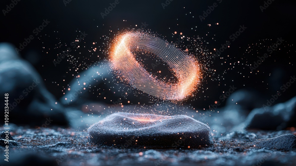 Poster abstract 3d visualization of a floating ring with sparkling particles on a glistening surface, creat