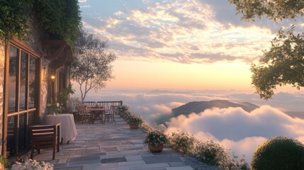 Obraz premium A stone house with a patio overlooking a sea of clouds at sunset.