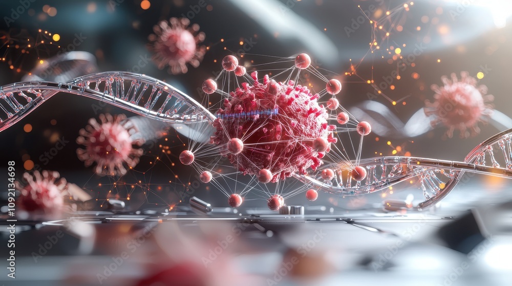 Poster detailed illustration of virus with dna helix, visualizing complex interactions and structures in mo