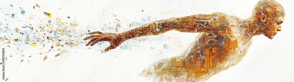 Poster a dynamic figure appears to be breaking apart, symbolizing motion and transformation.
