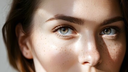 Close-up face of attractive young beautiful woman with dark spot on her face skin, hyperpigmentation melasma caused by hormonal changes or freckles spots caused by genetics or exposure to the sun