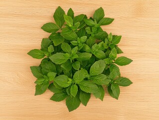 Fresh green mint leaves arranged on a wooden surface.