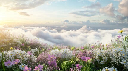 Obraz premium A field of wildflowers in bloom, with a backdrop of fluffy white clouds and a bright blue sky.