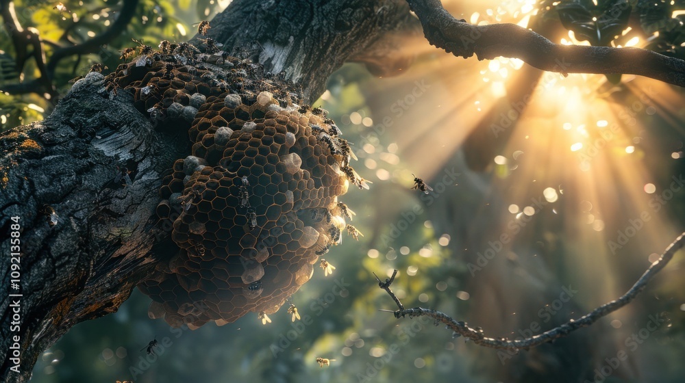 Poster golden sunlight streams through leaves illuminating a large honeycomb attached to a tree branch with