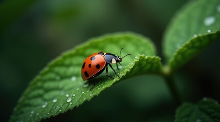 Fototapeta premium Close-Up of Ladybug on Leaf in Green Natural Background