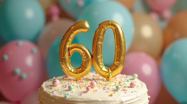 Festive 60th Birthday Cake With Gold Topper And Colorful Balloons