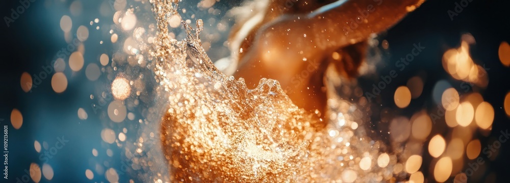 Poster A dynamic splash of water with golden sparkles, capturing movement and energy.
