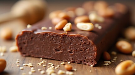 Close-Up of Chocolate Protein Bar With Nuts and Grains