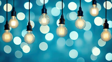 Glowing Edison Bulbs Hanging Against a Blue Bokeh Background