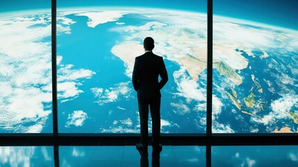 Fototapeta premium Global Vision Businessman Contemplating the World from a Panoramic Window