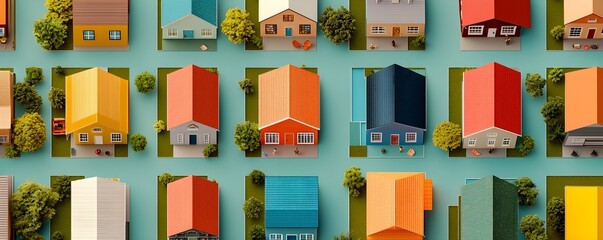 Aerial View of a Diverse Neighborhood Block Party with Colorful Houses and Vibrant Community Gathering