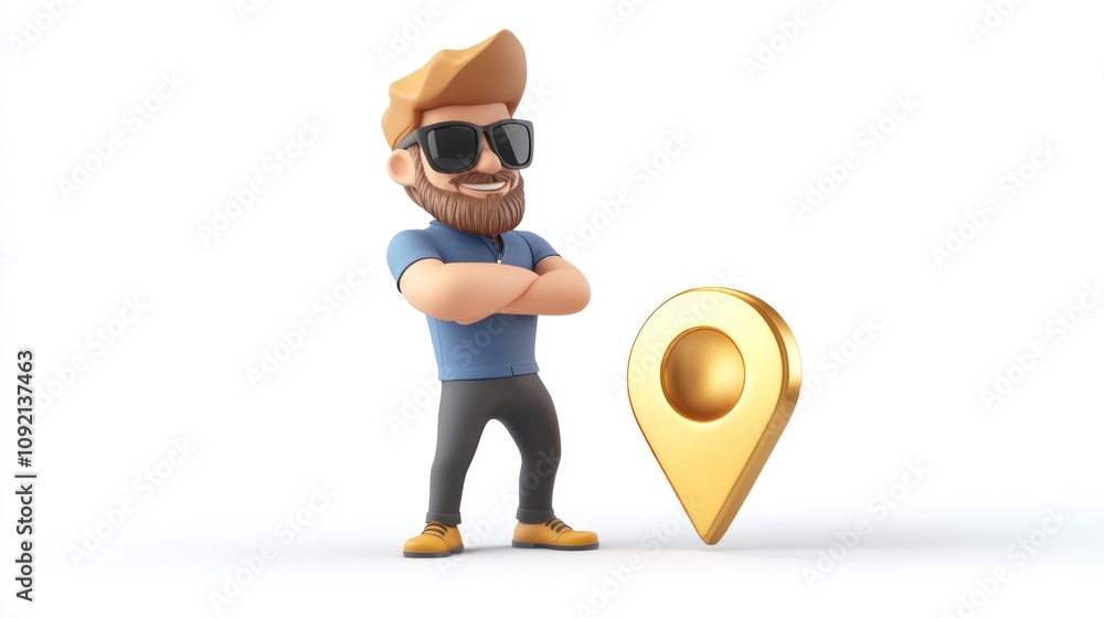 Aufkleber a 3d character with sunglasses stands next to a golden location pin, symbolizing navigation.