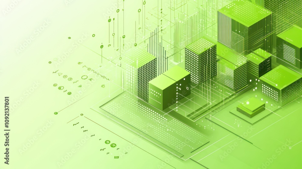 Aufkleber Abstract green digital cityscape with geometric shapes and data elements.