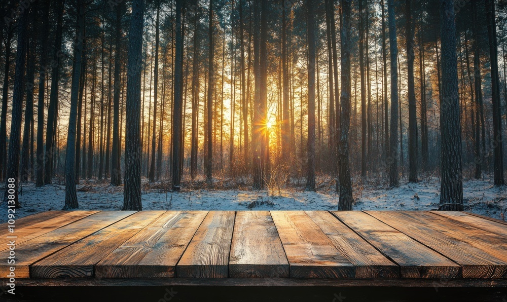 Aufkleber A wooden table in a forest at sunset, creating a serene and inviting atmosphere.