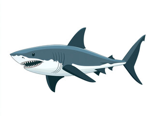 Illustration of a large blue and white shark is swimming in the ocean. Isolated on white background.  