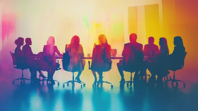 A lively meeting of multicolored abstract figures seated around a circular table in a detailed, futuristic office with bright, natural lighting.