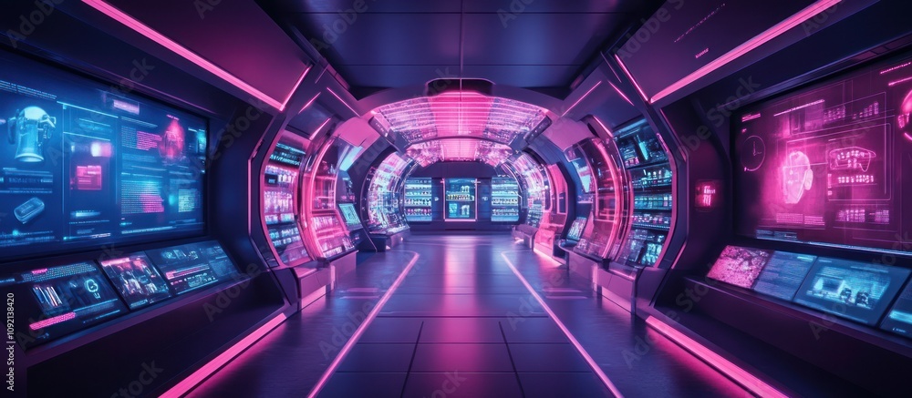 Poster futuristic hallway with glowing neon lights and digital displays, creating a modern and abstract set