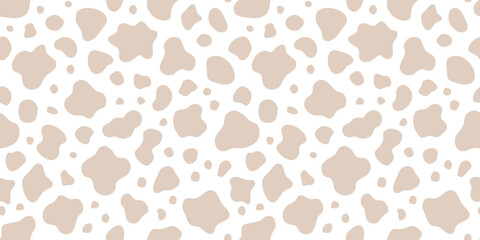 Animal print neutral seamless pattern. Vector cow skin texture background. Abstract cheetah spot repeat. Cow dot skin design. Seamless beige fir wallpaper. Milky blob bg. Milk package surface paper © babayuka