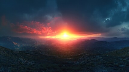 Dramatic sunset over a mountain range with a fiery sky.
