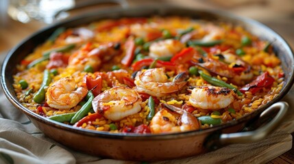 Delicious seafood paella with shrimp, peas, and peppers in a copper pan.