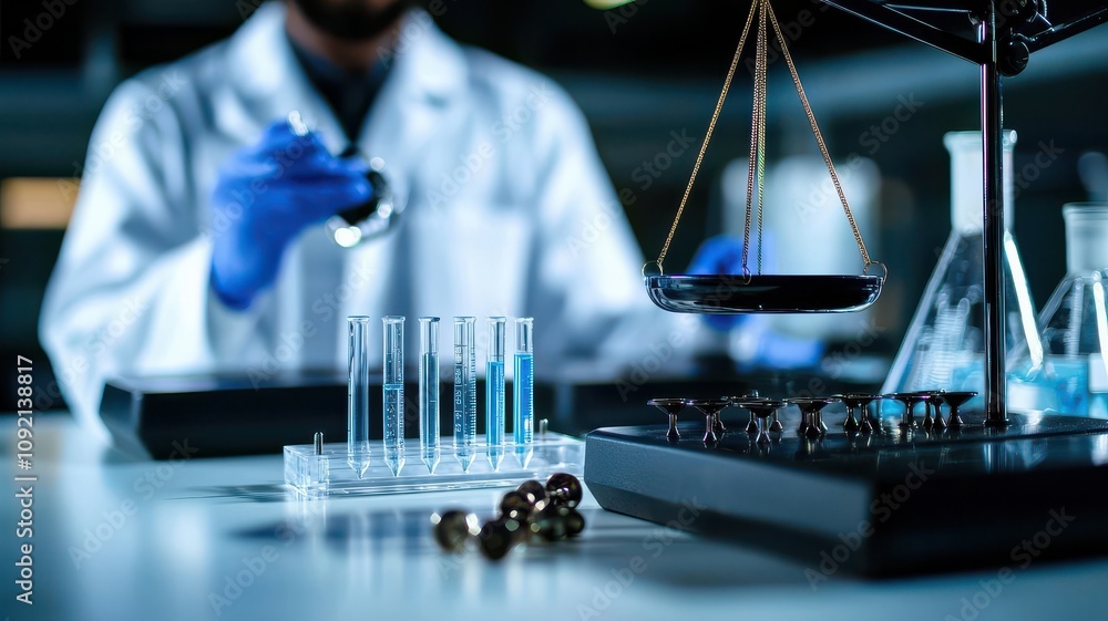 Poster modern laboratory setting close -up concept. laboratory work with scales and test tubes in focus.