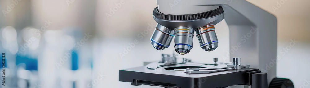 Poster modern laboratory setting close -up concept. microscope focusing on a sample in a laboratory setting