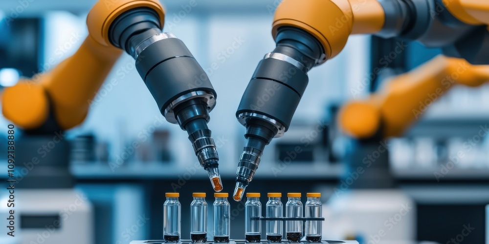 Aufkleber modern laboratory setting close -up concept. robotic arms handling laboratory vials and samples.
