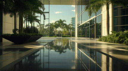 Fototapeta premium Corporate headquarters with expansive glass facade and reflecting pool - Sunny, open plaza, minimalist landscaping
