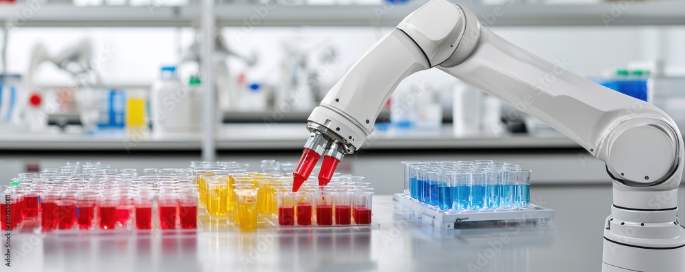 Poster modern laboratory setting close -up concept. laboratory robot performing liquid handling tasks