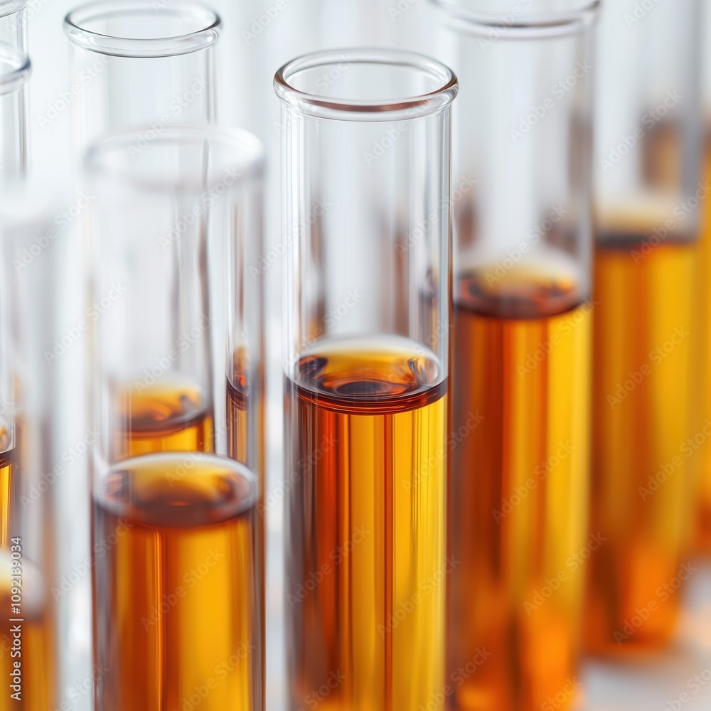 Poster modern laboratory setting close -up concept. test tubes filled with amber liquid in a laboratory set