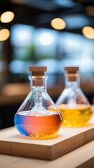 modern laboratory setting close -up concept. Colorful laboratory flasks on a wooden surface.